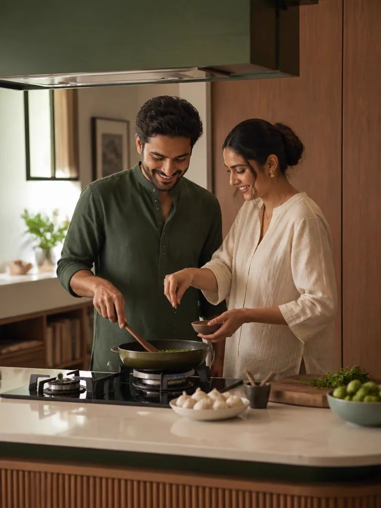 Couple cooking together with a gas connection
