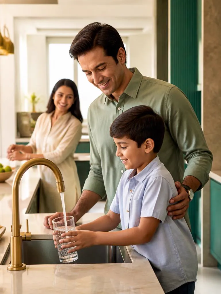 Family enjoying fresh water in their kitchen